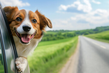 A happy dog hanging out of a car window on a country road.