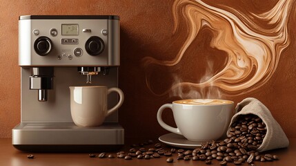 Espresso machine pouring fresh coffee with latte art into a cup, surrounded by scattered coffee beans.