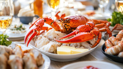 A luxurious seafood dinner spread featuring spiny lobster, king crab legs, and scallops, served with butter, sauces, and white wine on an elegant table.