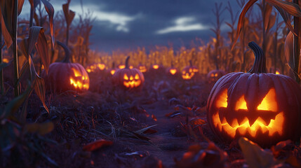 A glowing pumpkin patch at dusk, with rows of jack-o'-lanterns, each carved with a unique and spooky face.
