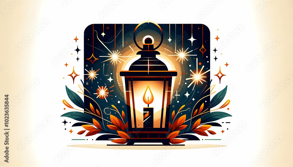 Poster flat lantern and sparkler border frame with generous copy space for festive greetings - minimalist v