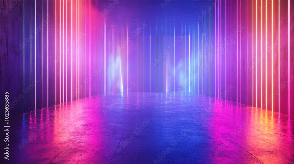 Aufkleber 3D rendering of a vibrant laser display with illuminated lines in a nightclub setting featuring an abstract fluorescent backdrop in a corridor