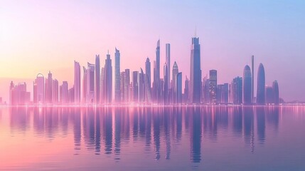 Fototapeta premium Panorama of high-rise buildings of the city in hot weather and the sea horizon.