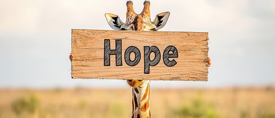 A giraffe holding a wooden sign that reads 'Hope' against a natural background.
