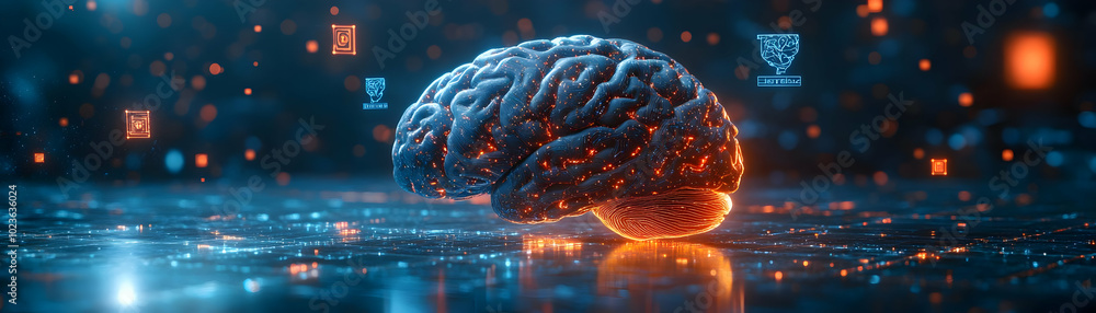 Aufkleber holographic brain interface with glowing neural networks: camera pans across a glossy surface reflec