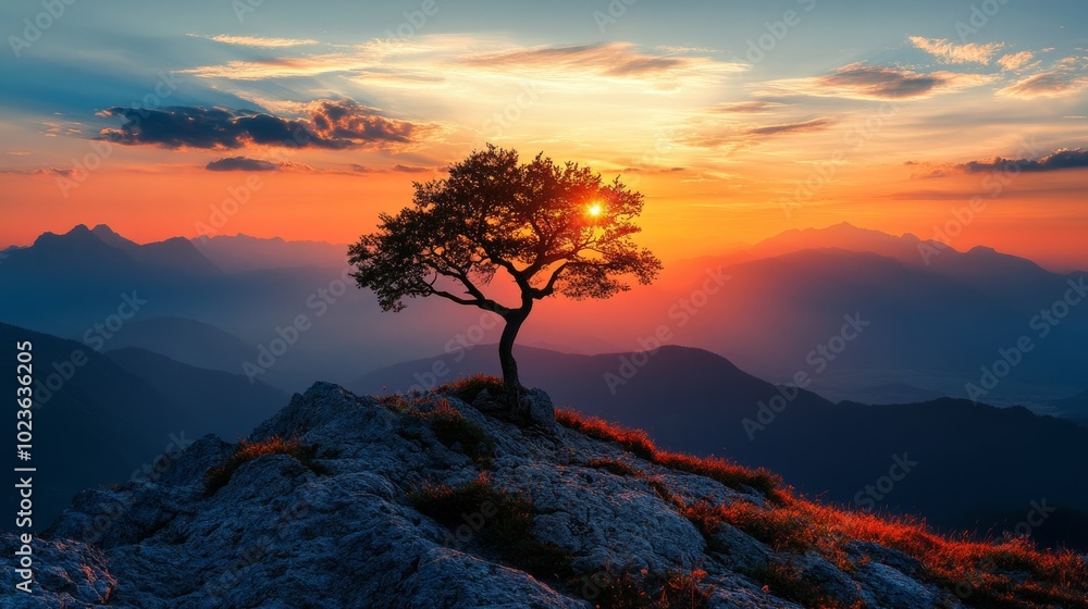 Poster a tree is standing on a rocky hillside with a beautiful sunset in the background