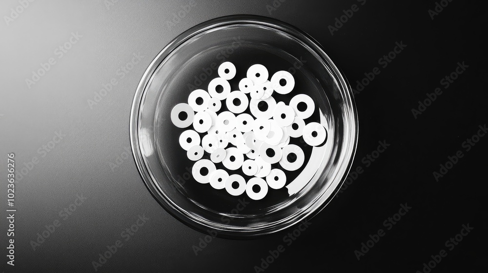 Poster black and white image of silver sequins arranged in a glass container symmetrical composition agains