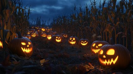 A glowing pumpkin patch at dusk, with rows of jack-o'-lanterns, each carved with a unique and spooky face. v4
