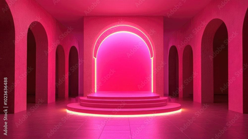 Poster 3d mockup podium set in a vibrant pink empty space featuring arches and neon pink illumination conte