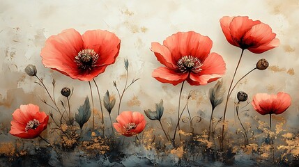 Triple Poppy Panel: Delicate Watercolor Flowers.