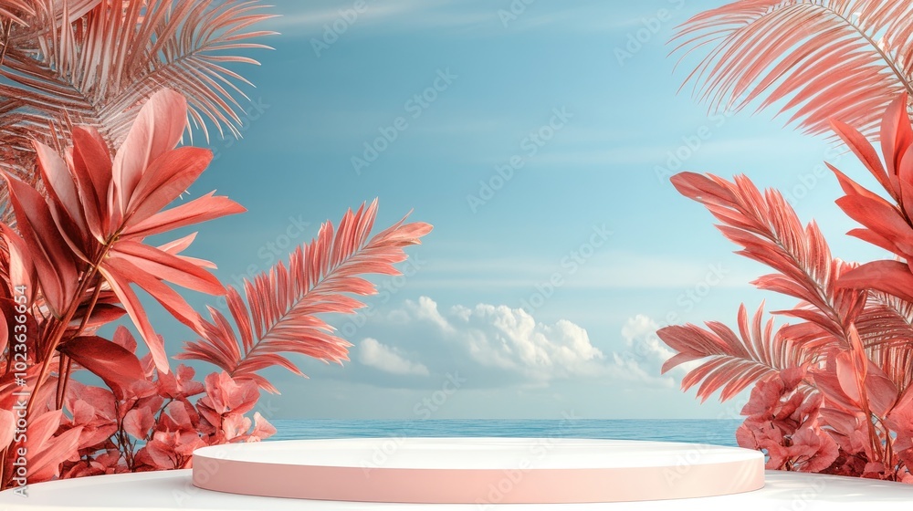 Poster 3d rendering of an abstract podium display featuring tropical leaves and coral pink plants concept f