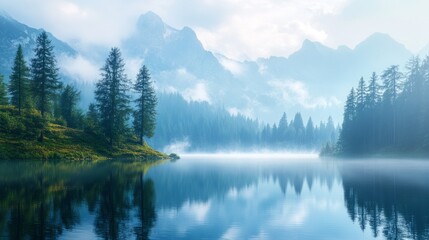 A serene lake surrounded by trees and mountains