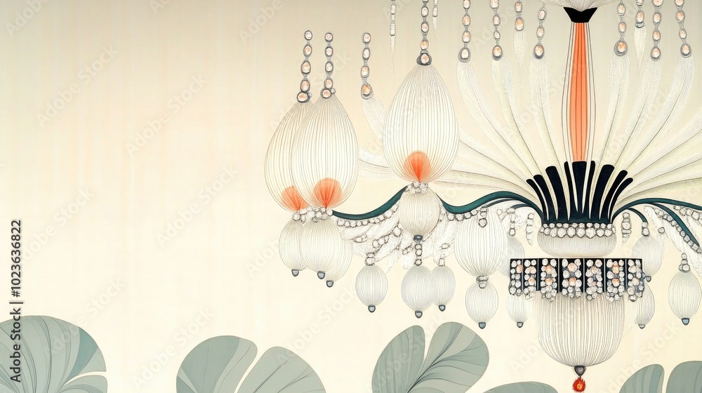 Poster abstract image of a crystal chandelier with light orange accents and selective focus