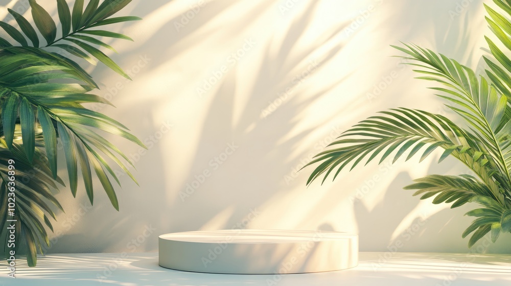 Aufkleber 3D render of a podium display against a light pastel background featuring shadows cast by lush green tropical leaves This abstract organic setting is ideal for promoting wellness products spa trea