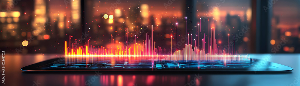 Poster holographic tablet projecting glowing data streams and ai graphs on modern desk � symbolizing growth