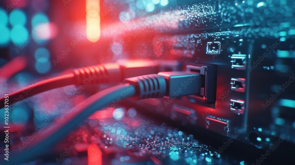 Poster close-up of network cables connected to a server, illuminated with colorful lights.