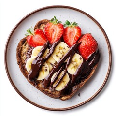 Indulge in a delicious heart-shaped toast. Topped with ripe bananas, fresh strawberries, and rich chocolate sauce. Perfect for breakfast or a sweet snack. Enjoy a delightful treat. AI