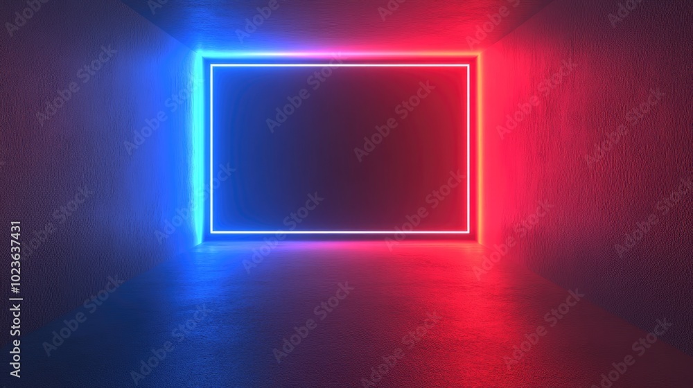 Poster abstract dark wall with red and blue cyber light bright neon glowing rectangle for technology and wi