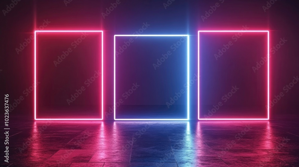 Aufkleber 3D render of an abstract minimal geometric background featuring glowing neon lines Illumination from a stage laser show creates blank rectangular shapes and square frames ideal for virtual reality