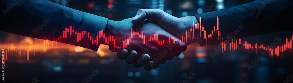 Poster blurred hands shaking creating abstract stock chart concept - symbolizing business growth and succes
