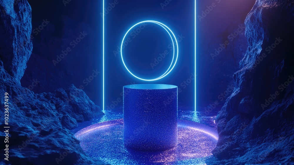 Poster Blue cylinder pedestal with illuminated glitter and circular neon light in a futuristic style Minimalistic scene for product showcasing and stage display Abstract platform setup