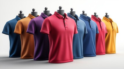 Shirts of all the colors of the rainbow on a white background.