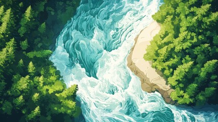 Aerial View Of White Water Rapids And Green Pine Forest Extreme Sports In Nature Outdoor Vacation Adventure Recreation Hiking Trails With Scenic Overlook