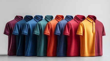 A collection of shirts in different colors on a white background.