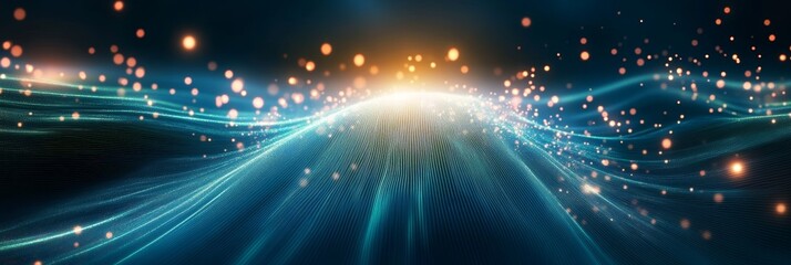 Obraz premium Glowing Particles Flow on Wavy Surface, Technology Banner, Shining Lights, Abstract Background.