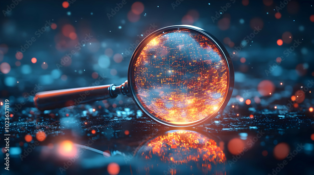 Poster 3d floating magnifying glass with glowing data overlay - symbolizing mastery in discovery and innova