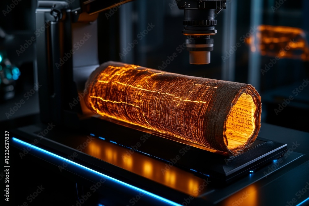 Aufkleber a close-up of an ancient scroll being examined by a historian in a high-tech research lab