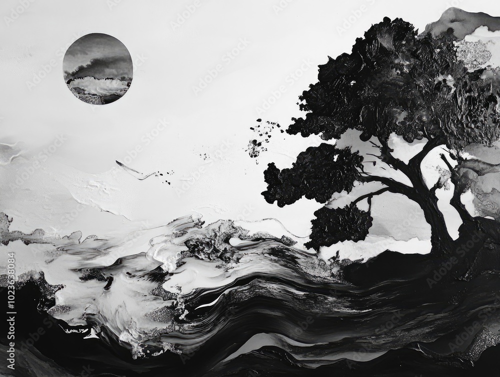 Poster artwork featuring a blend of black and white elements in a painted composition