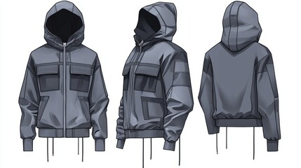 Jacket with hood, flat sketch of winter clothes for men and women, front and back view, vector image.