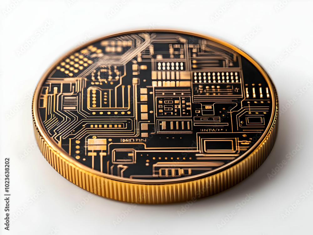 Poster futuristic coin macro shot with digital circuitry patterns - a close-up illustration merging traditi