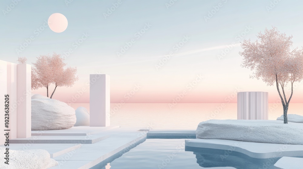 Aufkleber 3D render of an abstract surreal pastel landscape featuring architectural elements and geometric shapes complemented by a serene lake and a softly gradient sky embodying a minimalistic concept