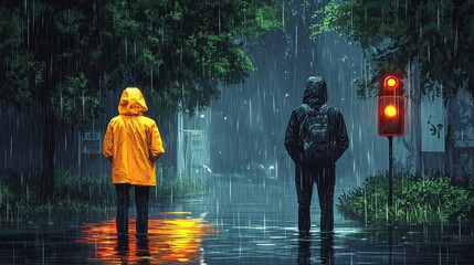 Hurricane and rain illustrations with people in waterproof clothes, vector images.