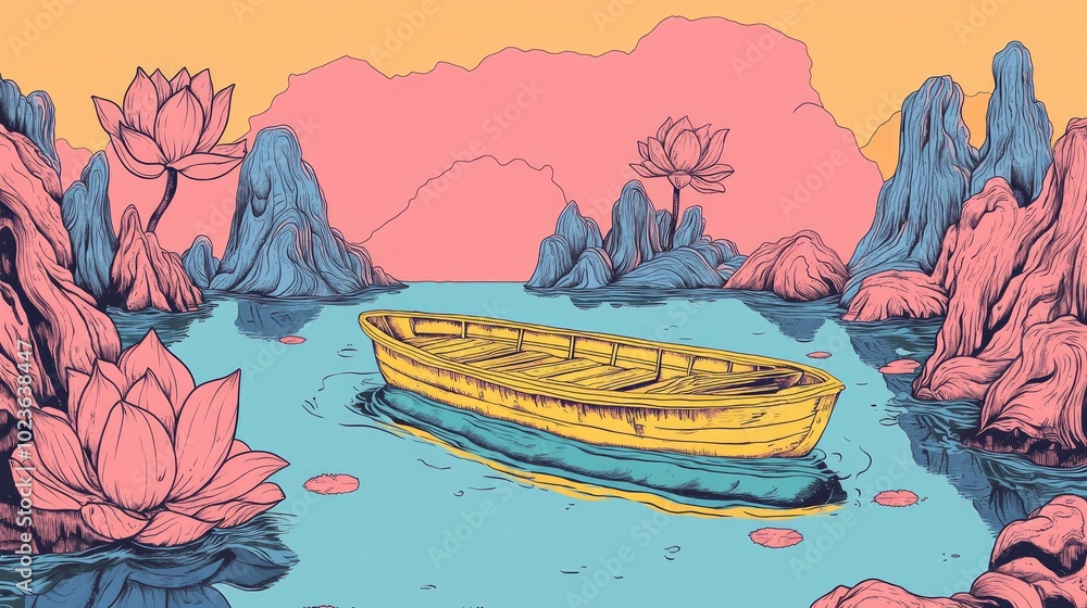 Poster boat and lotus floating in a reflective pond