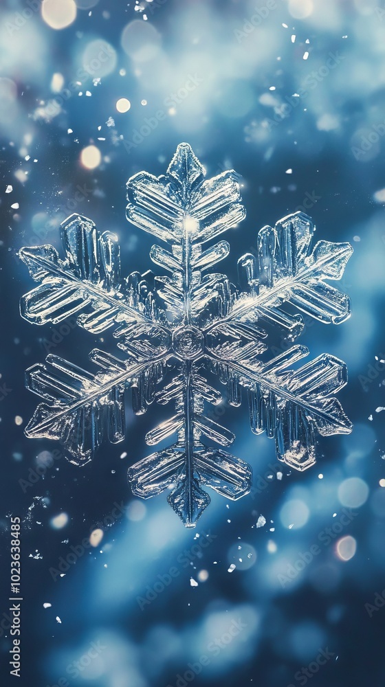 Poster a snowflake is shown in a blue background with a blurry background. the snowflake is made of ice and