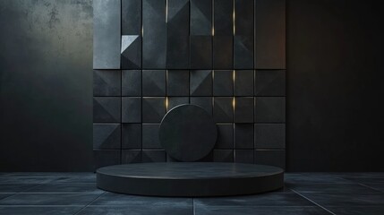 3D geometric podium in black with a dark background