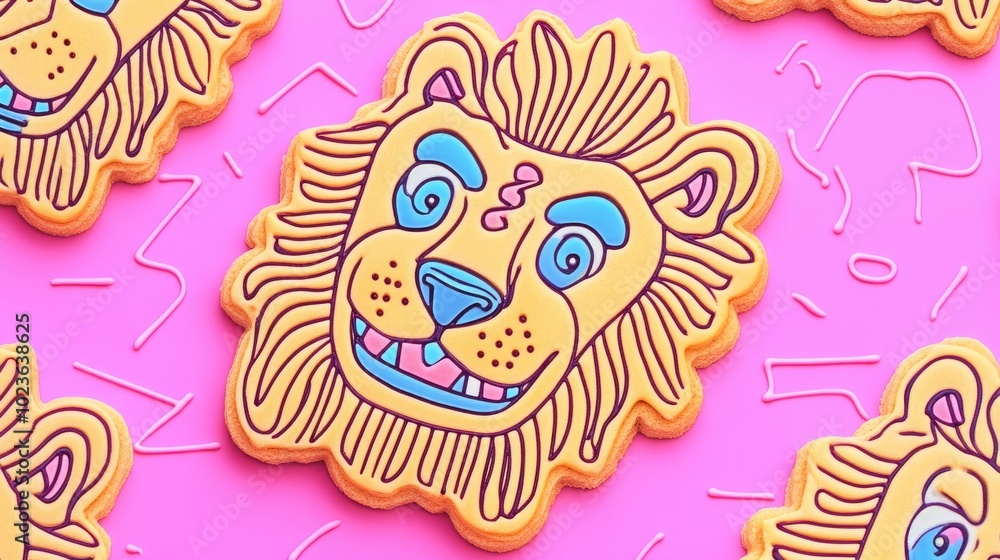 Poster close up image of lion shaped mango cookies on a white background