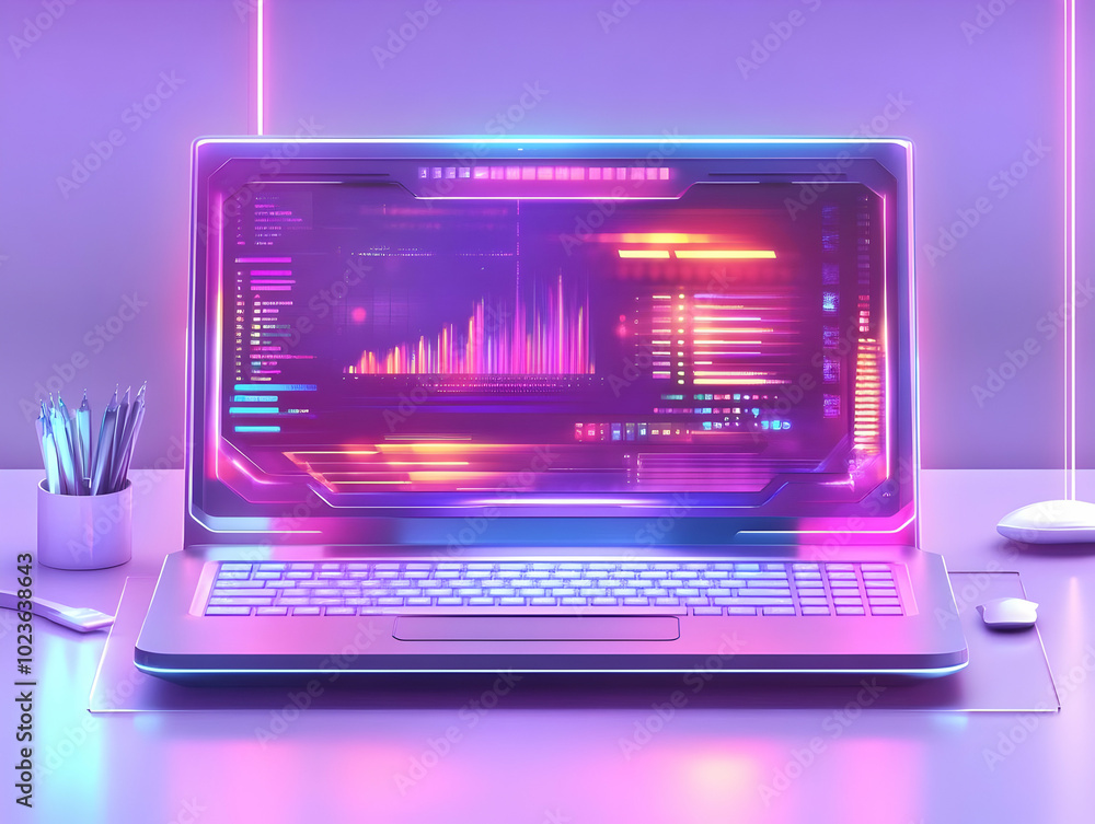 Poster futuristic flat laptop with holographic keyboard and interface hovering above - dynamic digital work