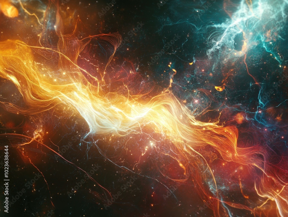 Poster artistic illustration of a stunning technological wallpaper featuring dynamic energy flashes and int