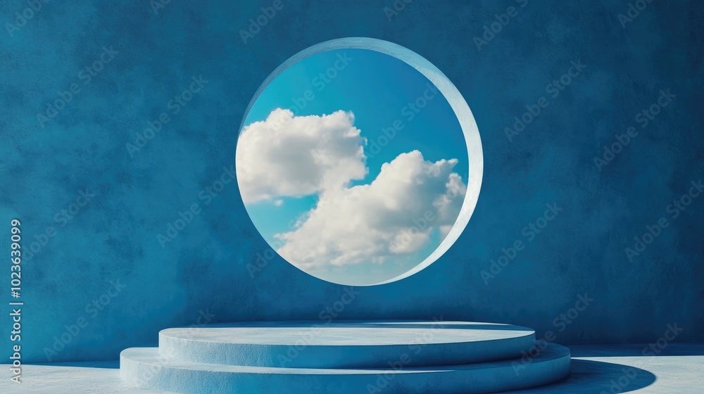 Poster 3D render of an abstract blue background featuring a blue sky view from a window on a blue wall complemented by a vacant podium Empty round stage mockup displayed