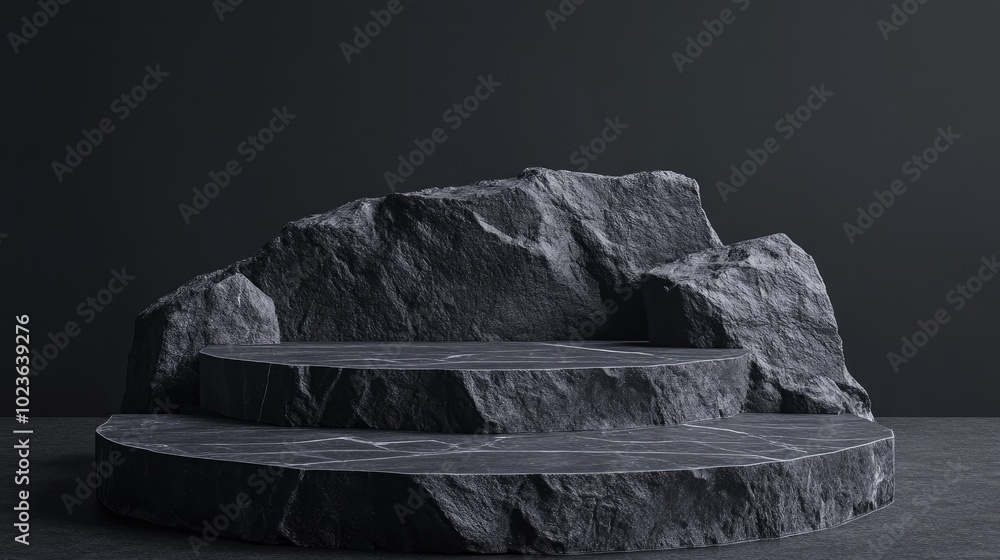 Poster Black geometric stone and rock texture background minimalist mockup for podium presentation or display 3D rendering