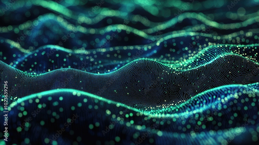 Poster Ai Generated Abstract Dark Navy Blue And Green Spindrift Waves Of Pixels Dots With Glitched Noise Retro Futuristic Cyberpunk Vibe Matrix Digital Storm Depth Of Field Blur