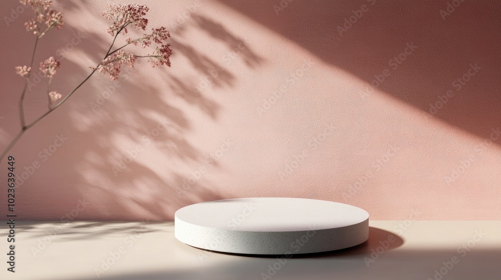 Aufkleber Angled perspective of a minimalist product background mockup featuring natural lighting 3D pastel platform for showcasing items with dynamic sunlight casting deep shadows on a textured surface
