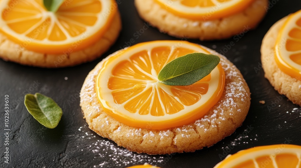 Poster cookie decoration with orange icing on dark countertop