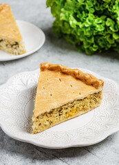 Chicken and egg pie on a light plate