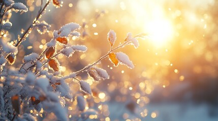 Frosty Morning with Sunlight on Snowy Landscape in Dreamlike Setting