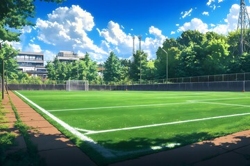 A vibrant, sunlit soccer field surrounded by trees and blue skies, featuring lush green grass and a goalpost, perfect for sports and recreation.